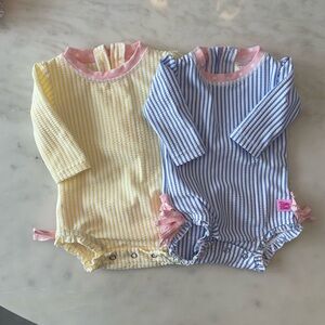 Ruffle Butts Yellow and Blue Striped Swim Rash guards